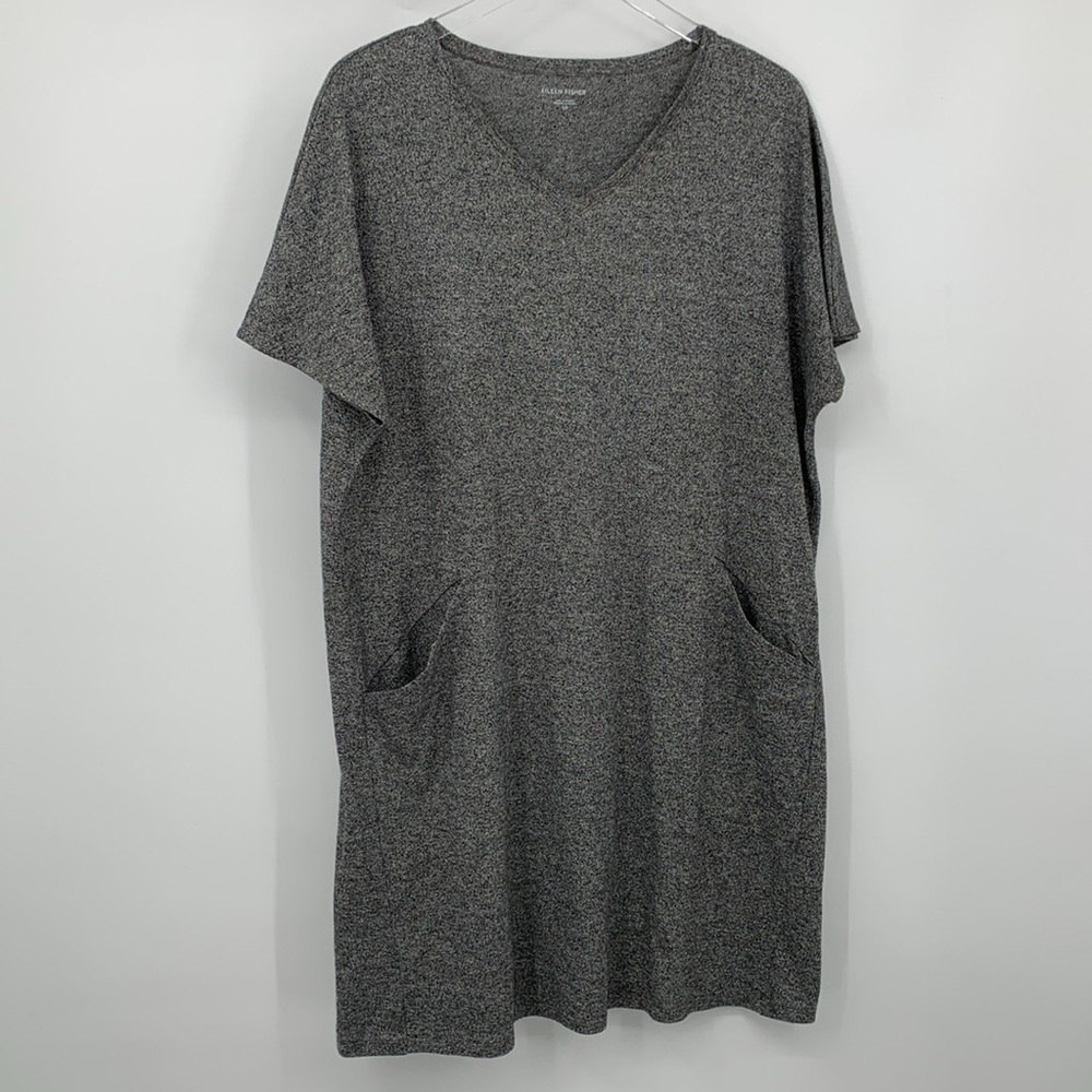 Eileen Fisher Tunic boxy dress marled black white stretch knit pocket v-neck S